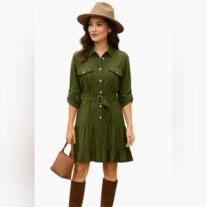 Cupio Forest Night Green Belted Shirt Dress Size Large
